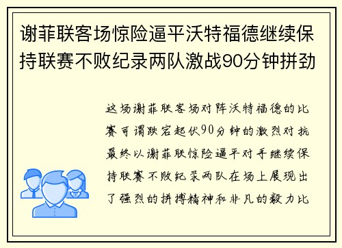 谢菲联客场惊险逼平沃特福德继续保持联赛不败纪录两队激战90分钟拼劲十足