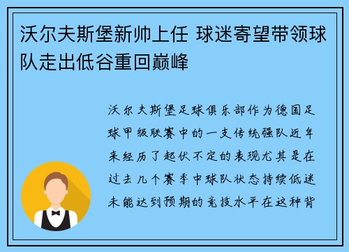 沃尔夫斯堡新帅上任 球迷寄望带领球队走出低谷重回巅峰
